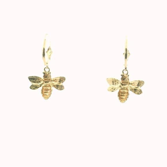 14K Yellow Gold Bee Dangle Earrings - Picture 1 of 4